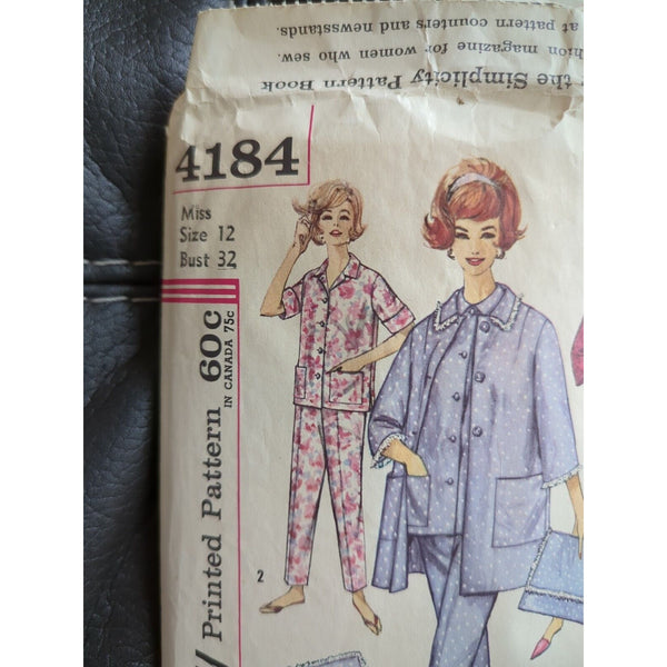 4184 Vintage Simplicity SEWING Pattern Misses Pajamas Coat Case Top Pants Cut