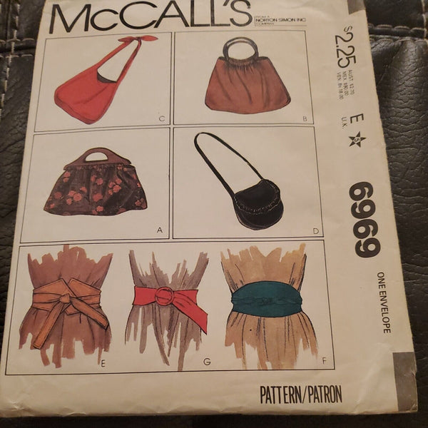 1979 Vintage McCall's Sewing Pattern 6969 Misses' 4 Bags & 3 Belts Cut