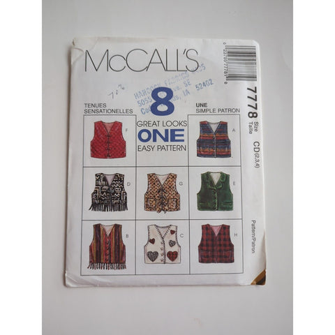 1995 McCalls Sewing Pattern 7778 Girls Lined Vest 8 Styles Size 2-4 Vintage UC