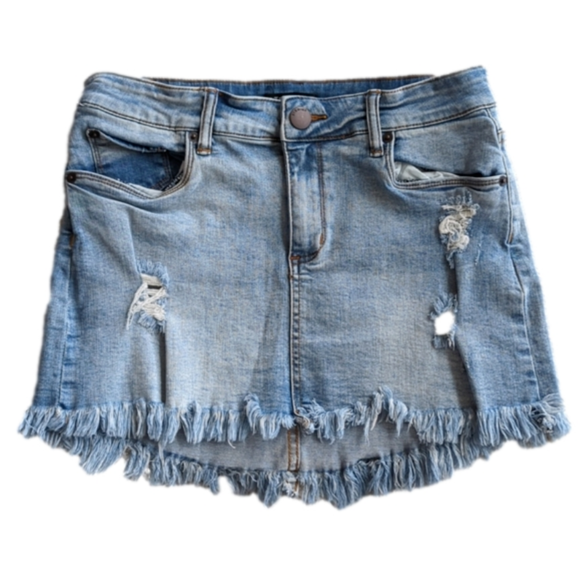 STS Blue Distressed Frayed Bottom Denim Blue Jean Mini Skirt Size 27 Waist 27