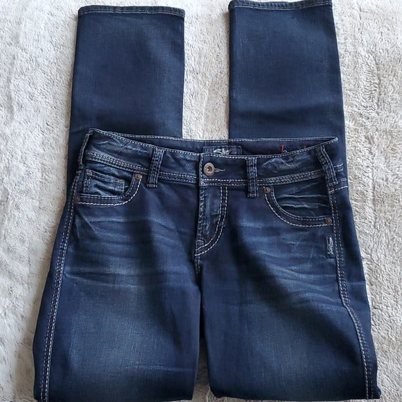 Silver Dark Wash Denimotion Elyse Mid Rise Straight Leg Blue Long Jeans Size 27
