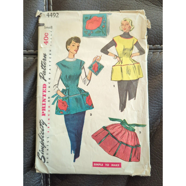 1953 Simplicity Sewing Pattern 4492 Womens Full & Half Cobbler Apron Sz S 11248