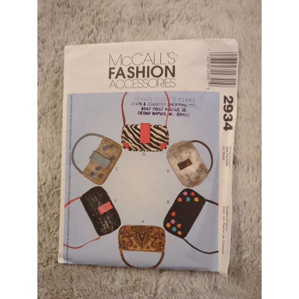 2934 MCCALL'S FASHION ACCESSORIES 6 BAG DESIGNS Sewing Pattern UC 2000