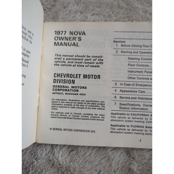 1977 Chevrolet Nova Owners Manual User Guide Reference Operator Book Fuses Fluid