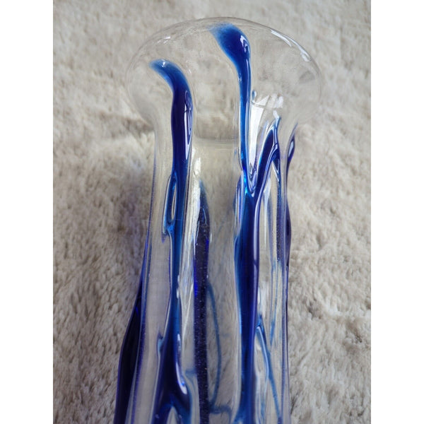 Vintage Murano Style Art Glass Vase Swung Blue and Clear Swirl Twisted 8.5 In
