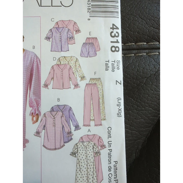 #4318 McCalls Misses Nightgown Nightshirt Tops Pants Shorts Sewing Pattern Lg-XL