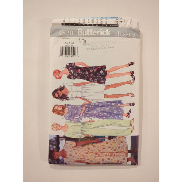 1990's Butterick Misses' Dress Jumpsuit Sewing Pattern 4820 Size XS-M UNCUT