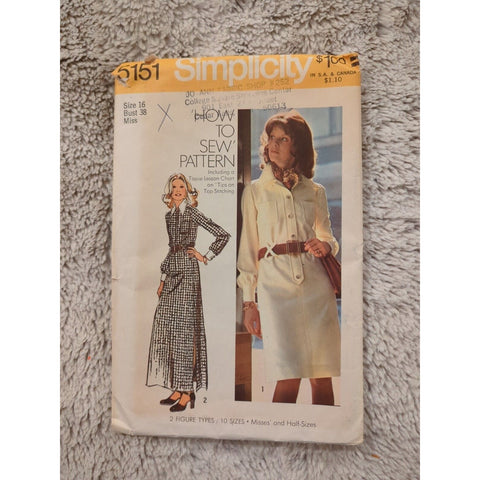 1970's VTG Simplicity Misses' Shirt-Dress Sewing Pattern 5151 Size 16 UNCUT