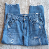 Zara Basic Distressed Patched Mid Rise Boyfriend Cropped Blue Jeans Size 6