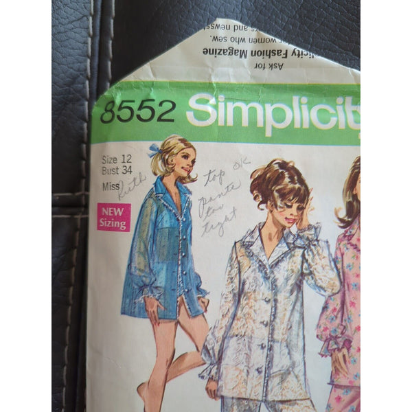 1969 SIMPLICITY #8552 LADIES PAJAMAS-SHEER COVER UP BRA PANTIES PATTERN Size 14