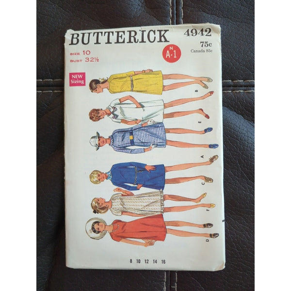 4942 BUTTERICK 1960's Misses One Piece ALine Dress Sewing Pattern Size 10 UC FF