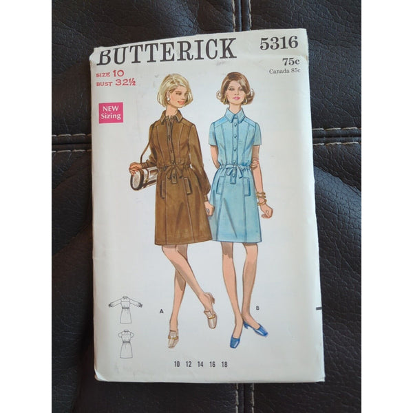 4942 BUTTERICK 1960's Misses ALine Shirtdress Sewing Pattern Size 10 UC FF