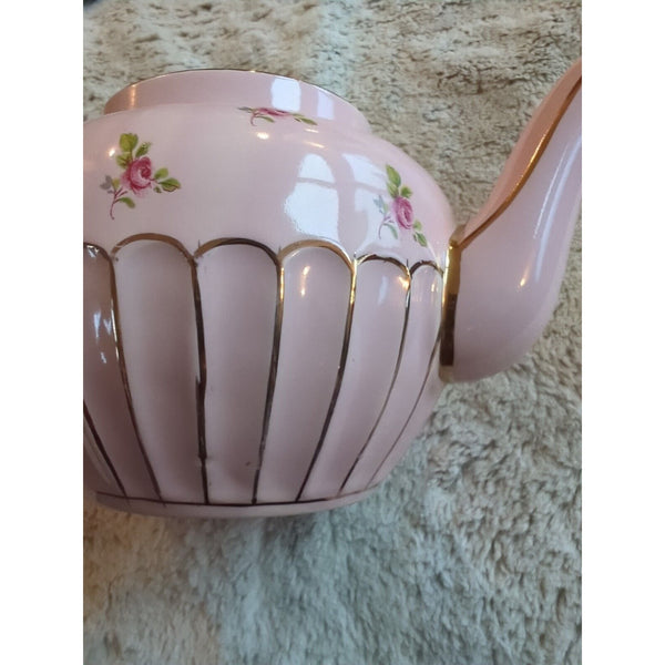 Vtg Sadler Pale Pink Chintz Teapot Roses Gold Trim Round Top Made in England 9x5