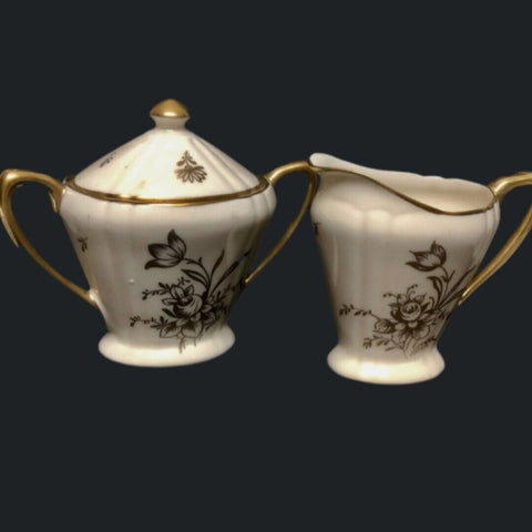 1930s Signed Pickard China 598/76 Sugar n Creamer Set Gold and White Beige