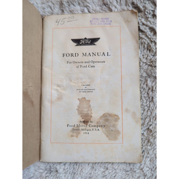 Ford Manual for Owners and Operators of Ford Cars Manual 1914 Original SC Vtg