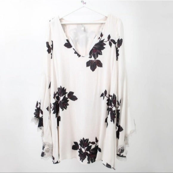 Free People The Wanderer Cream Black Floral Mini Tunic Long Sleeves Dress Size M