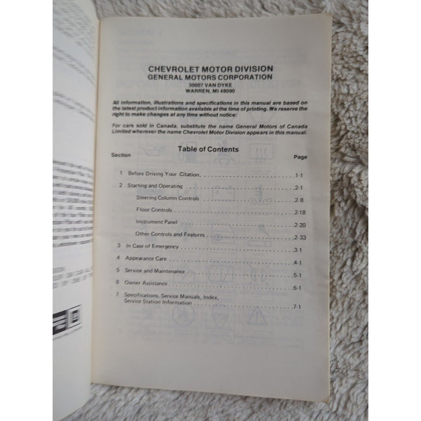 1982 Chevrolet Citation Owners Manual User Guide Reference Operator Book Fuses