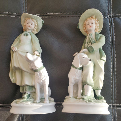 10" ANDREA BY SADEK Bisque Porcelain Figurine Green Girl and Boy with Dog #7154