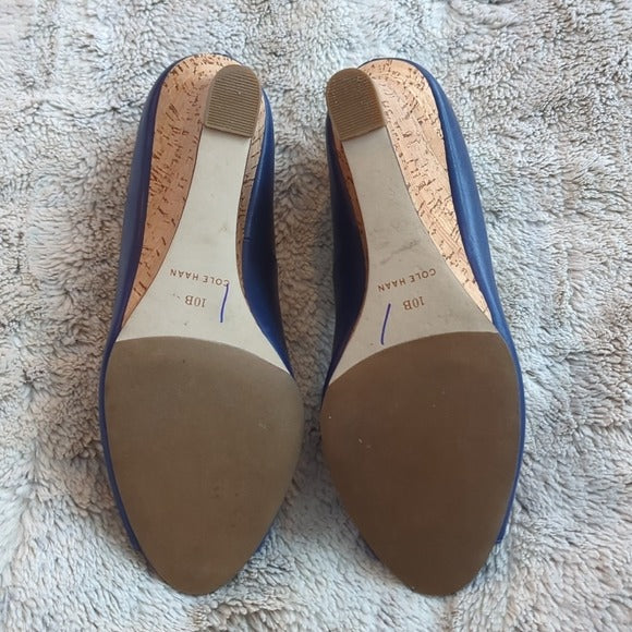 Cole Haan Blue Lena Open Toed Cork Wedge Heeled Shoes Pumps Size 10