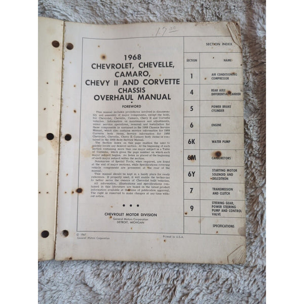 1968 Chassis Service Manual Chevrolet Chevelle Camaro Chevy II Corvette OEM Vtg