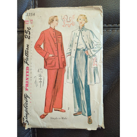 1950s Vintage Simplicity Sewing Pattern 3354 Uncut Asian Dragon Pajamas Size 14
