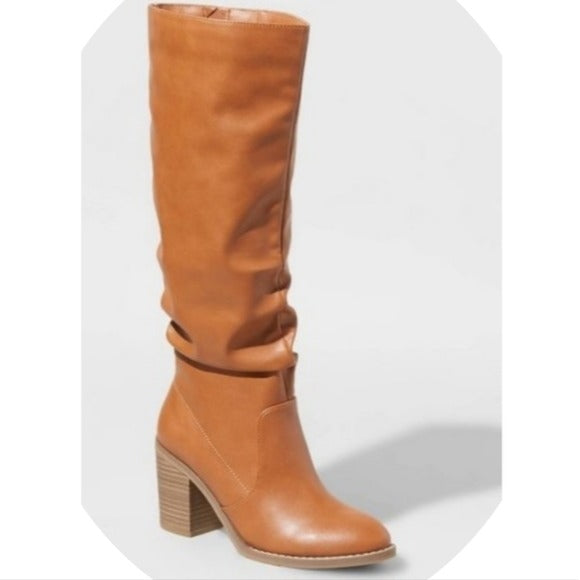 Universal Thread Tessa Knee High Scrunch Heeled Faux Leather Boots Cognac NWT