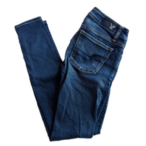 American Eagle Darker Wash Super Stretch Super Low Jegging Blue Jeans Size 0