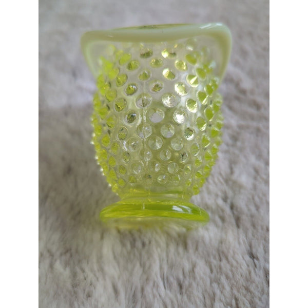 Fenton Topaz Vaseline Opalescent Hobnail Hat Mini Fan Vase 3.5 In Uranium Glass