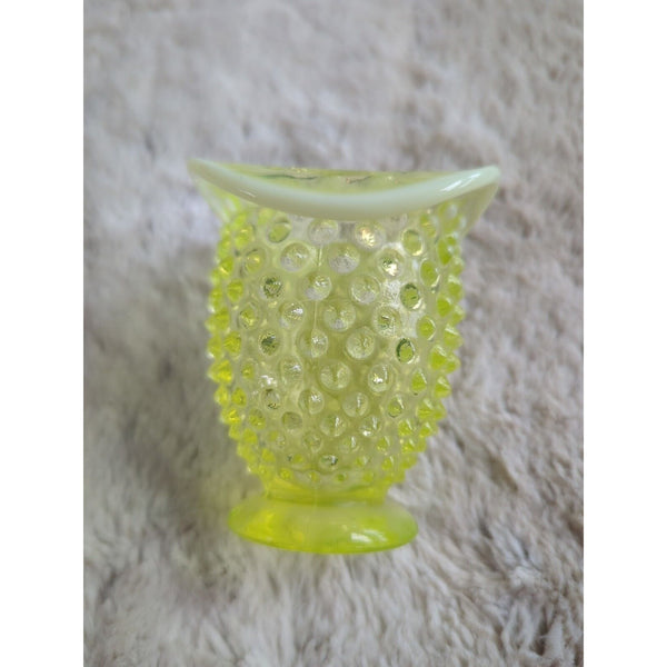 Fenton Topaz Vaseline Opalescent Hobnail Hat Mini Fan Vase 3.5 In Uranium Glass