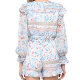 Fate Floral Print Light Weight Ruffle Shorts Romper In Blue White Multi Size S