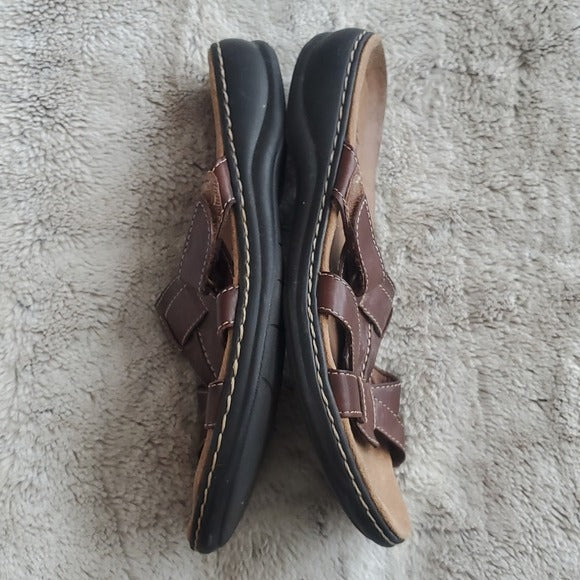 Clarks Dark Brown Leather Strapey Flat Slip On Sandals Size 10M
