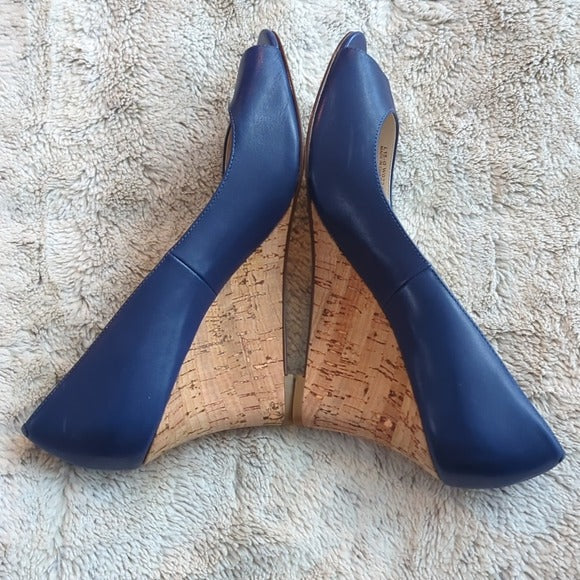Cole Haan Blue Lena Open Toed Cork Wedge Heeled Shoes Pumps Size 10