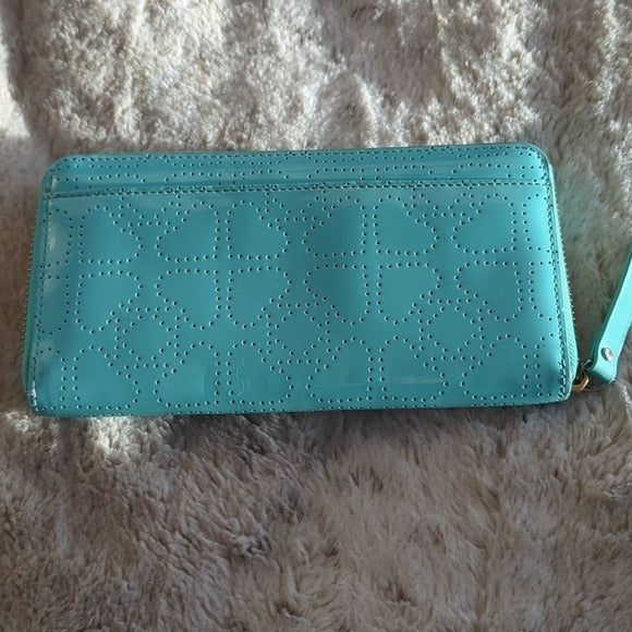 Kate Spade Aqua Blue Green Perforated Patent Leather Large Zip Around Wallet