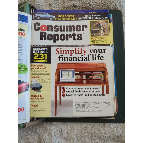 2007 CONSUMER REPORTS Magazine Monthly Jan-Dec Address Labels - In Green Binder