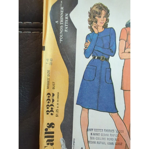 1972 McCALL'S #3322 - LADIES CUTE RETRO DRESS - LONG TUNIC & PANTS PATTERN Sz 14