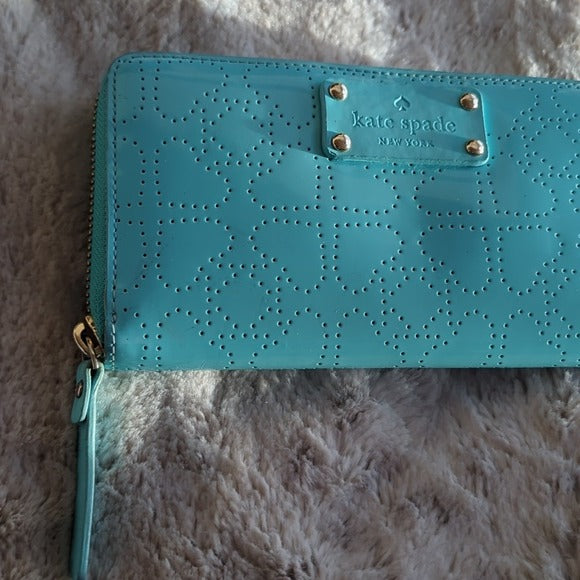 Kate Spade Aqua Blue Green Perforated Patent Leather Large Zip Around Wallet