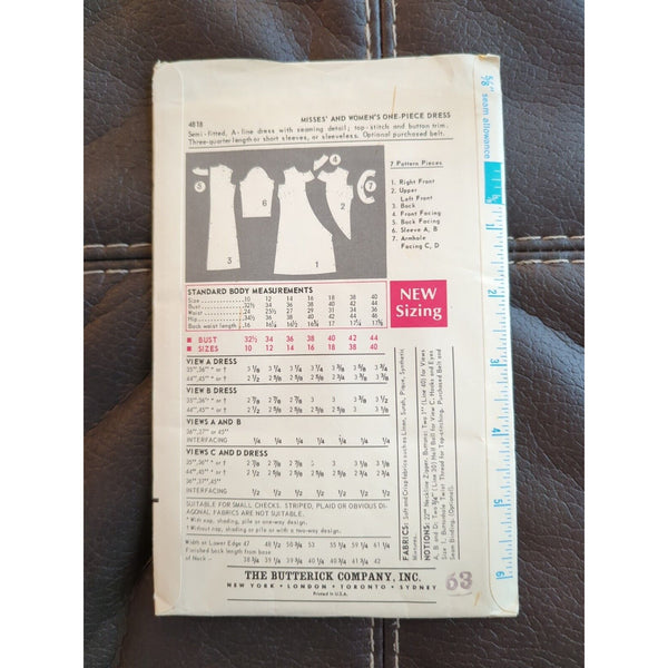 4818 BUTTERICK 1960's Misses Semi Fitted Dress Sewing Pattern Size 16 UC FF