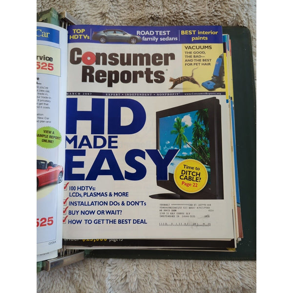 2007 CONSUMER REPORTS Magazine Monthly Jan-Dec Address Labels - In Green Binder