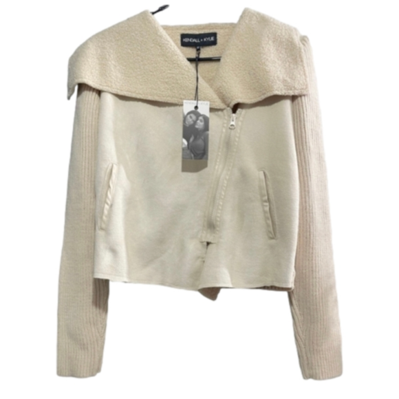 Kendall + Kylie Bridge Faux Shearling Asymmetrical Zipper Sweater Jacket Size L