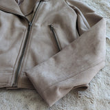 Philosophy Women's Grey Beige Faux Leather Cropped Motorcycle Jacket Size L NWT