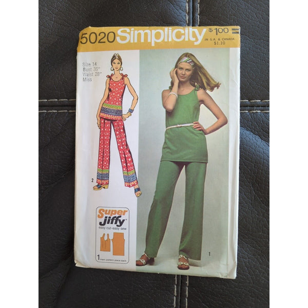 5020 Simplicity Sewing Pattern Misses Jiffy Tunic Skirt Pants Vintage Size 14