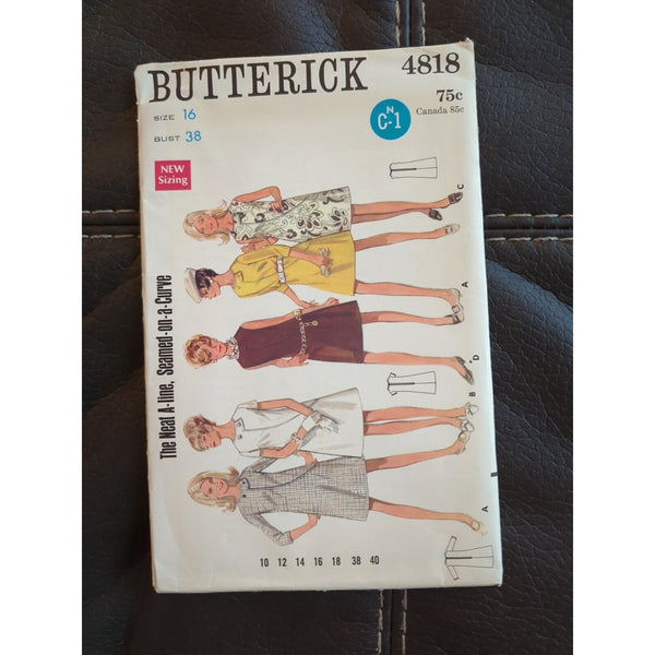 4818 BUTTERICK 1960's Misses Semi Fitted Dress Sewing Pattern Size 16 UC FF