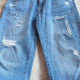 Zara Basic Distressed Patched Mid Rise Boyfriend Cropped Blue Jeans Size 6