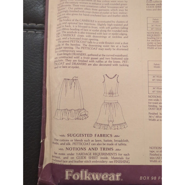1978 Folkwear Sewing Pattern 203 Womens Edwardian Underthings 3 Pc Sz S-L 10920