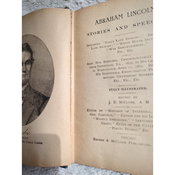 ABE LINCOLN'S STORIES And SPEECHES Hardcover Rhodes McClure 1897 HC Vtg Antique