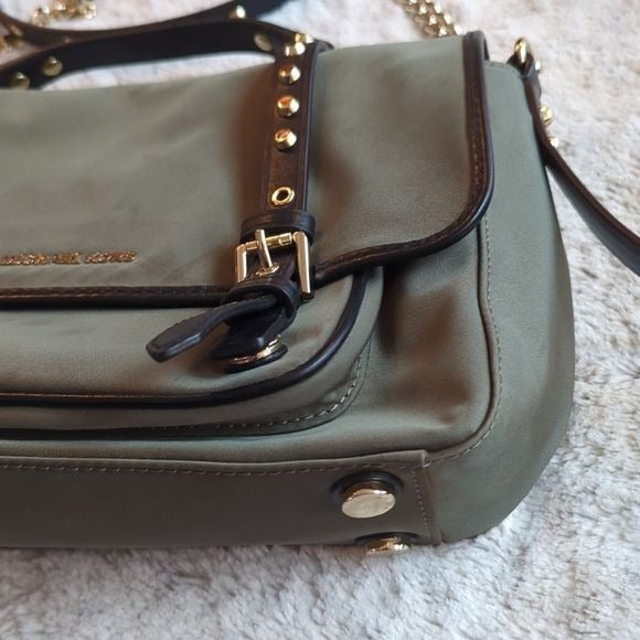 Michael Kors Moto Style Nylon Leather Trim Flap Messenger Crossbody Olive Green Bag