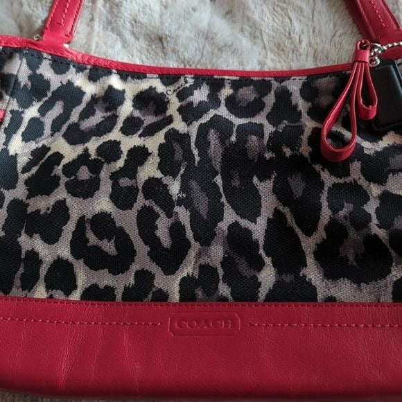 Coach Red Leather and Leopard Ocelot Fabric Carrie Tote Shoulder Bag Purse