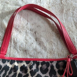 Coach Red Leather and Leopard Ocelot Fabric Carrie Tote Shoulder Bag Purse