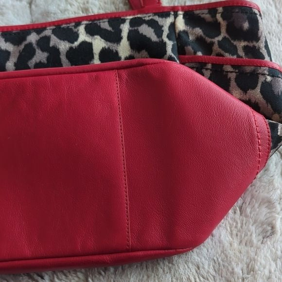 Coach Red Leather and Leopard Ocelot Fabric Carrie Tote Shoulder Bag Purse