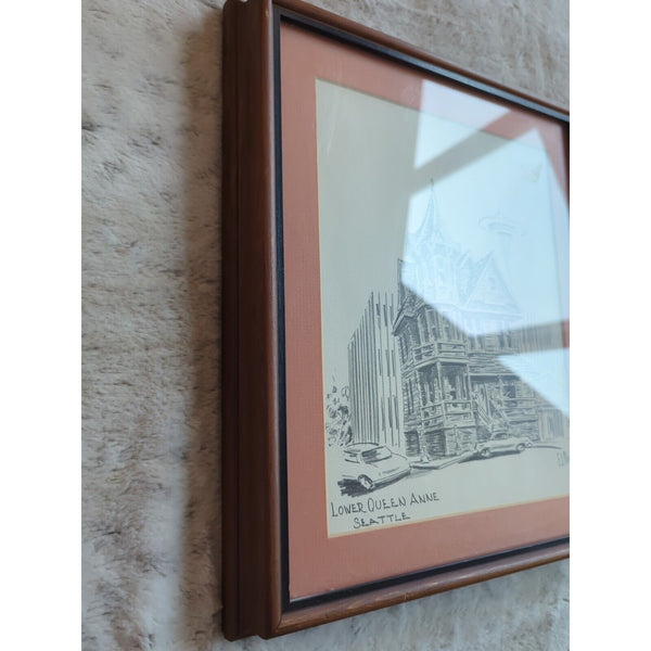 Vtg Erling EJ Olsen Lower Queen Anne Signed Sketch Original Wood Framed 11x13